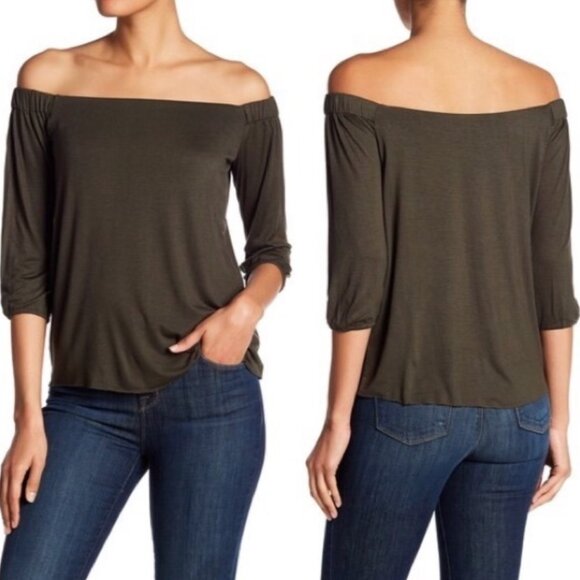 BAILEY 44 ANTHROPOLOGIE ANTHRO Off the Shoulder 3/4 Sleeve Shirt Olive Green Top - Picture 1 of 15